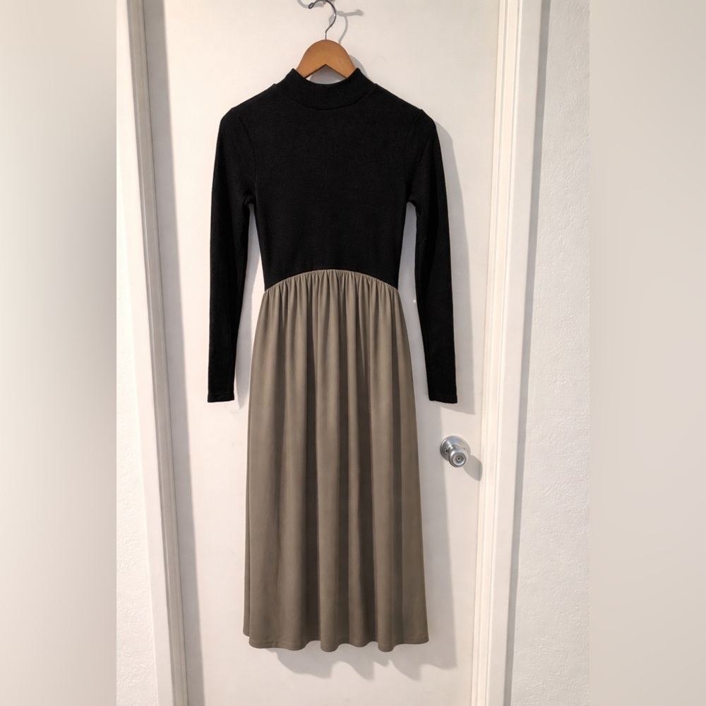 Zara Midi Dress Mock Neck Black Top Taupe Skirt Size M Minimal Capsule Wardrobe